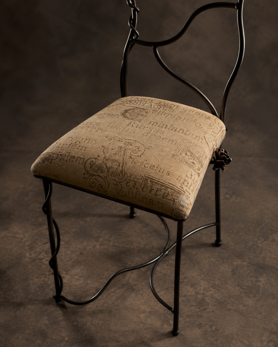 Printed linen seat and forged frame of the Rose Chair