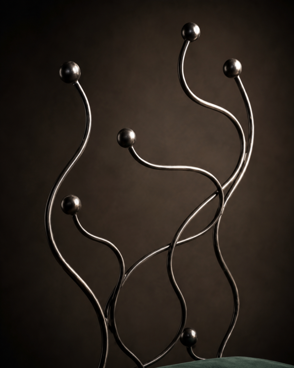Close detail of the Sphere Chair back with polished ball finials