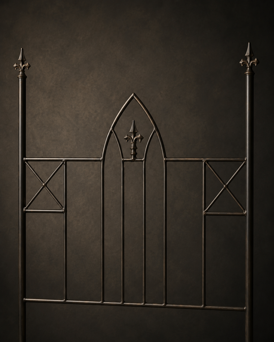 Gothic arch headboard detail with fleur-de-lis finials